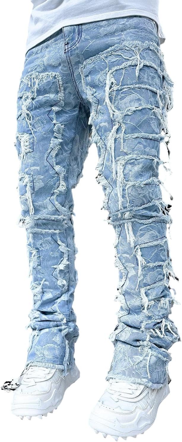 Men Stacked Jeans Skinny Black Ripped Patchwork Denim Pants