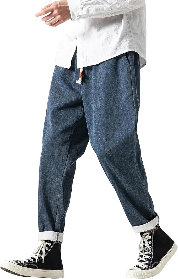 Mens Elastic Waist Jeans Casual Japanese Pants Relaxed Fit Drawstring Jeans Distressed Tapered Leg Denim Pants